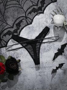 SHEIN Women's Sexy Lace Patchwork G-String Panties With Silver Ribbon - Black - View 2