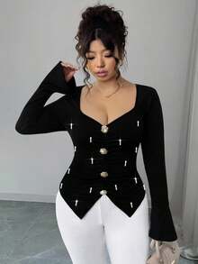 Elenzga Bluzka w dużym rozmiarze z metalową klamrą, zdobiona koralikami, z rozszerzanymi rękawami i asymetrycznym dołem i długim rękawem