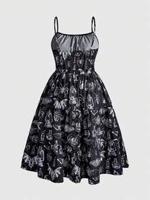 ROMWE Goth Váy maxi in họa tiết đầu lâu tối màu cỡ lớn cổ điển dành cho nữ - màu đen - Xem 2