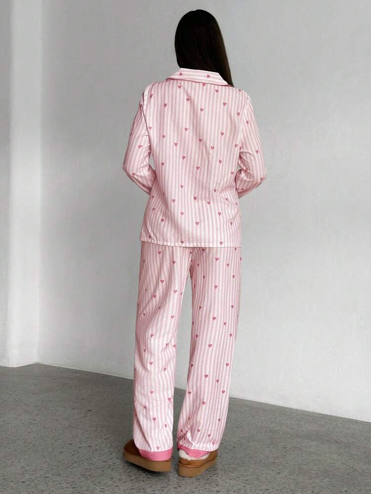 Aloruh Striped Heart Print Lapel Collar Pink Button Up Top & Pants Pajama Set, Fall Clothes Cozy And Elegant Details Women Pink Heart Striped Pajama Set, Winter Clothes - Baby Pink - View 6