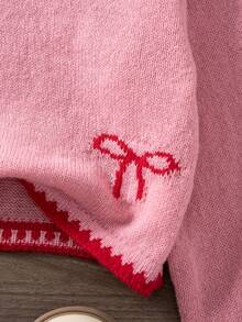 Tween Girl Sweater,Casual Cute Pink Autumn Knitted Short Sweater With Bow Pattern,Soft Comfortable For Wedding Ninang,Daily,Christmas,Back-To-School - Pink - View 9