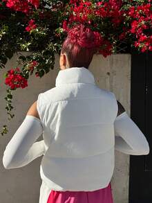 Bearsaez Chaleco acolchado sin mangas con bolsillo con cremallera de unicolor para mujer, para invierno - Blanco - Ver 2