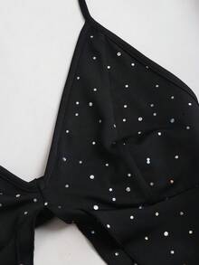 EgrlEra Women's Black Y2K Sexy Sequins 2pcs Deep V-Neck Tie Front Camisole & Mini Skirt Set. Suitable For New Year's Eve Parties, Valentine's Date Nights And Any Party Occasions. Cute And Flattering. - Black - View 4