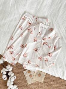 2pcs/Set Baby Girls Casual Cute Bear All-Over Print Long Sleeve Top And Pants Pajama Set Toddler Sleep Wear Toddler Zip Up Pajamas Baby Pj Set - Multicolor - View 3