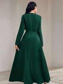 Veilorie Women's Solid Color Round Neck Long Sleeve Pleated Minimalist Casual Long Dress Long Evening Dresses - Dark Green - View 2