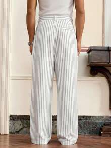 SWAVVY Pantalones rectos de cintura elástica con rayas, de corte holgado y casual para hombre, otoño - Gris Claro - Ver 2