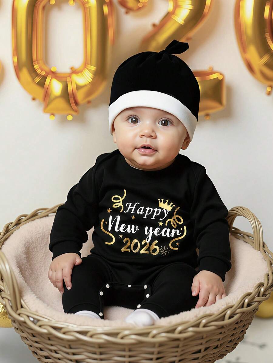 Set de 2 piezas Pelele con gráfico de Feliz Año Nuevo 2026 y gorro con ribete blanco para bebé/niño pequeño unisex, 3M-3T - Negro - Ver 1