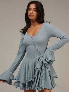 Athîral 女士休闲荷叶边迷你连衣裙 - 淺藍色 - 查看 4