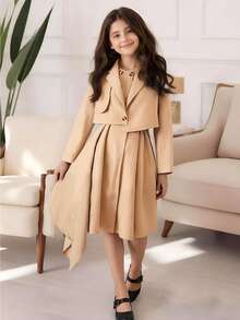 SHEIN Set de 2 piese: Trench elegant, casual, versatil, pentru fete, cu rochie fără mâneci - perfect pentru plimbări în aer liber, cumpărături, naveta și călătorii primăvara și toamna - Kaki - Vizualizare 1