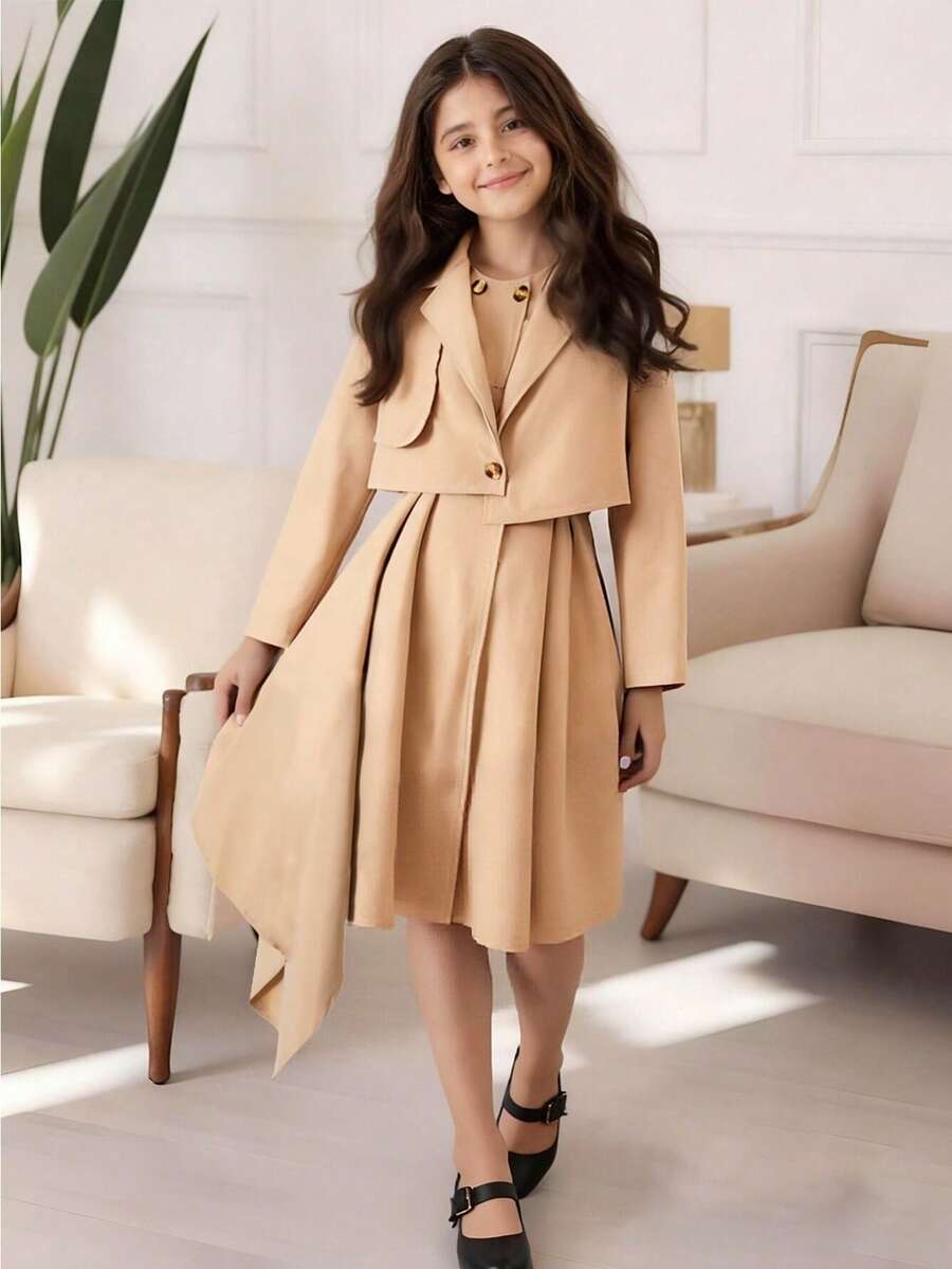 SHEIN Set de 2 piese: Trench elegant, casual, versatil, pentru fete, cu rochie fără mâneci - perfect pentru plimbări în aer liber, cumpărături, naveta și călătorii primăvara și toamna - Kaki - Vizualizare 1