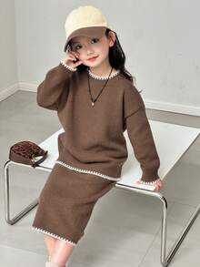 DAZY Young Girl Casual Color Block Trim Crew Neck Sweater + Knit Skirt Set, Autumn/Winter - Brown - View 2