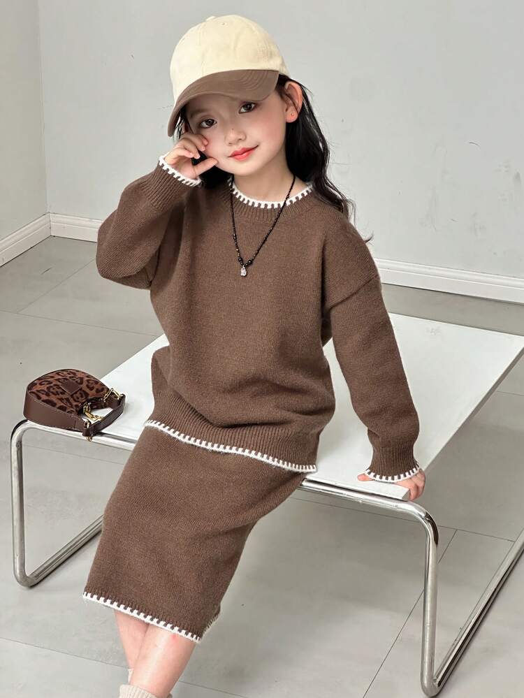 Young Girl Casual Color Block Trim Crew Neck Sweater + Knit Skirt Set, Autumn/Winter