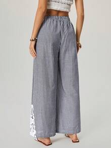 Freevana Bohemian Romantic Vacation Early Spring New Striped Lace Patchwork Wide Leg Pants For Women With Pockets - Black and White - View 2
