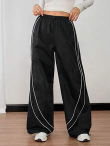 SHEIN Tall Damen Lässig Hose mit Kordelzug, hoher Taille und weitem Bein - Schwarz - Übersicht 11