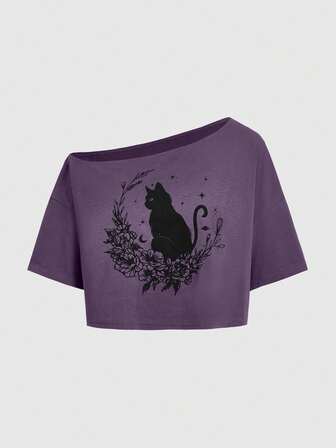 Fairycore T-shirt court à manches tombantes, imprimé chat noir et floral, col asymétrique, ample, pour femme, été