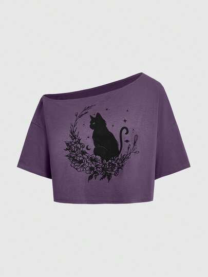 Fairycore Maglietta corta casual estiva da donna, con stampa floreale e di gatti neri, scollo asimmetrico e spalle scoperte