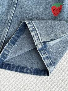 Playful Pals Young Girl' Casual Cute Washed Blue Strawberry Print Skirt, Comfortable Sweet Casual Resort School Style Recommended! Comfortable Washed Blue Denim Fabric - Medium Wash - View 8