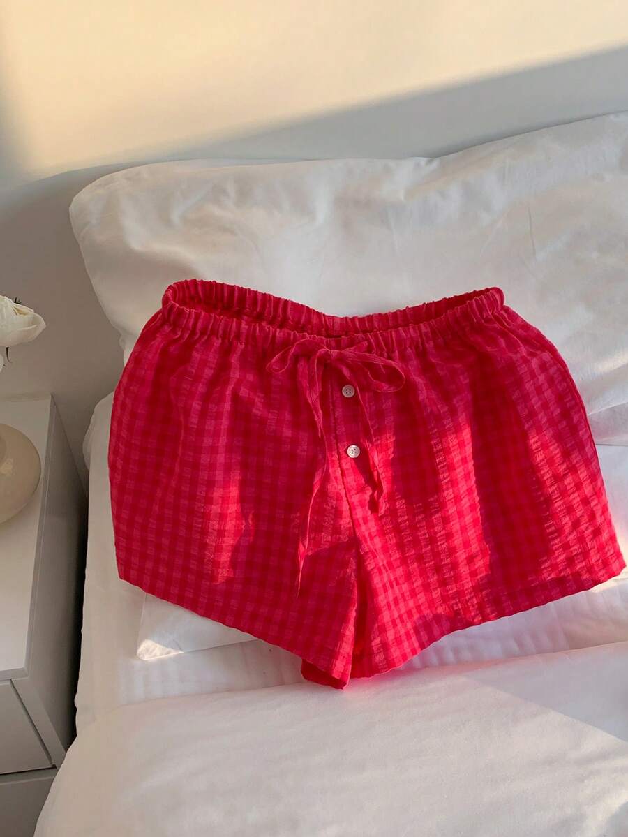 Comfortcana Quần short vải lanh cotton kẻ sọc thường ngày dành cho nữ - Đỏ - Xem 1