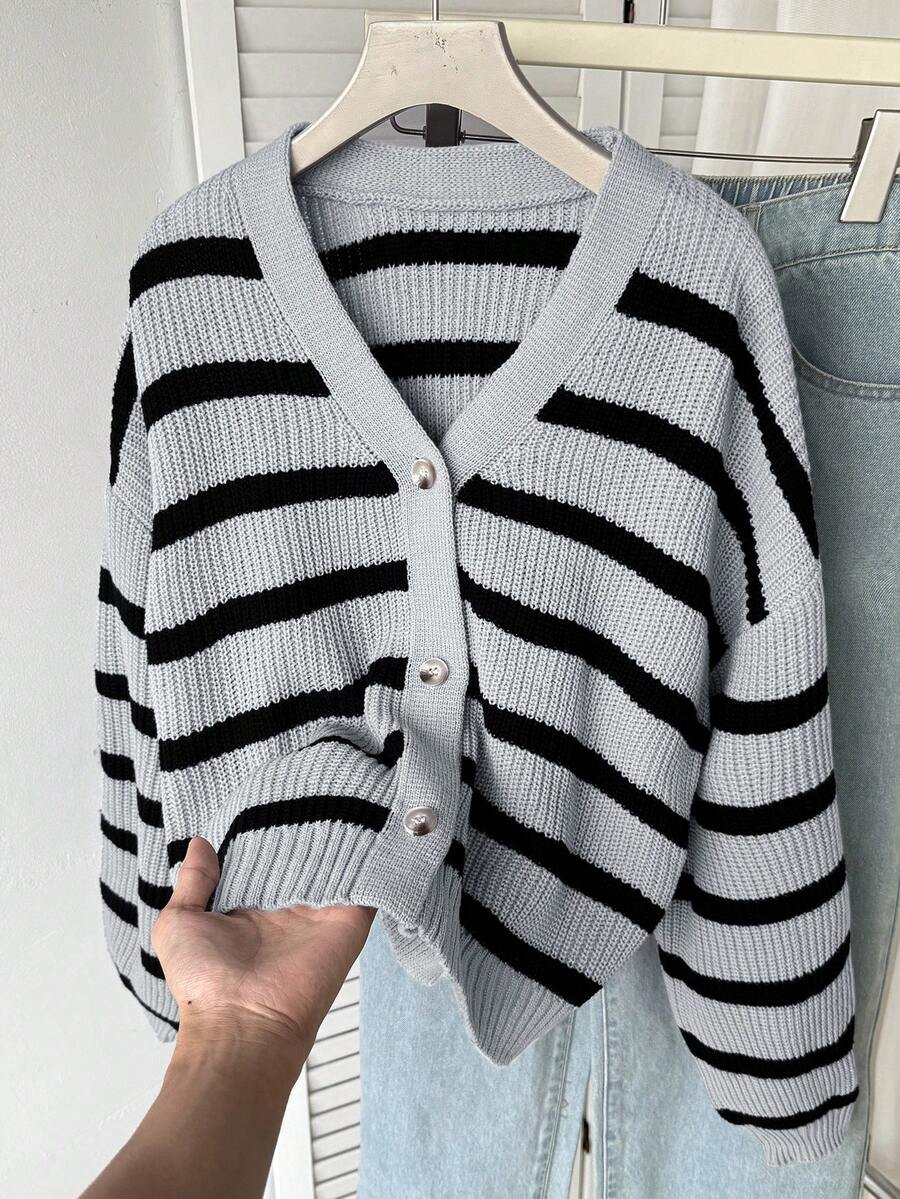 SHEIN Teen Girls' Black & Gray Striped Button V-Neck Loose Casual Striped Sweater Cardigan
