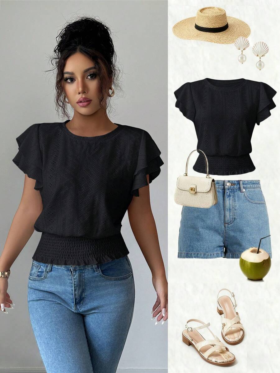 Elenzga Women's Ruffle Sleeve Casual Vacation Jacquard Round Neck T-Shirt - Black - View 1