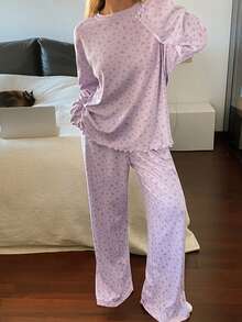 DAZY 2 piezas Conjunto de pijama de manga larga holgado y cómodo con estampado floral diminuto para mujer, ropa de invierno - Púrpura malva - Ver 6
