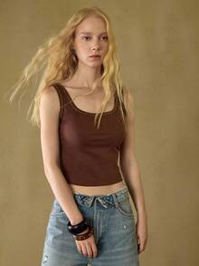 MOTF STUDIO SOLID STUDDED SQUARE NECK SLIM FIT CROP TANK TOP , FALL WINTER - Coffee Brown - View 7