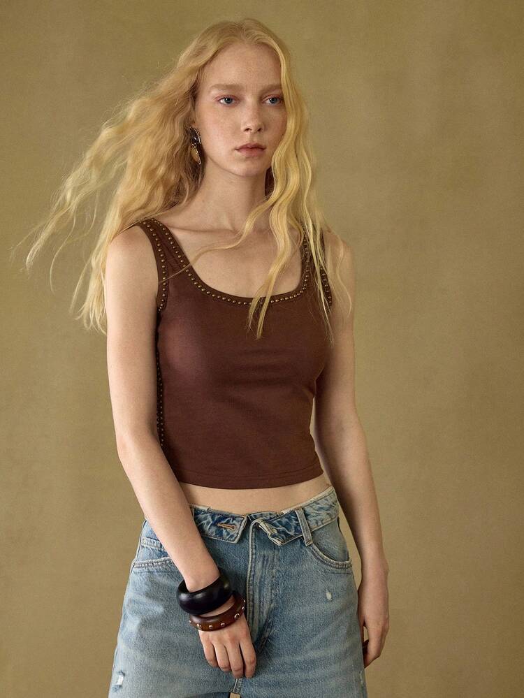 MOTF STUDIO スクエアネック スリムフィット クロップタンクトップ スタッズ付き ソリッド 秋冬