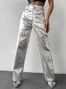 EURMUSE Fashionable Silver Tone Holographic Long Pants - Silver - View 4