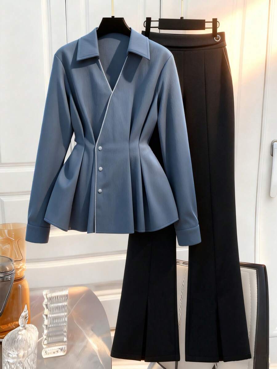 Franclia بدلة نسائية مكونة من قميص ذو ياقة متقاطعة وحواف ملونة وبنطال ذو ساق واسعة، مناسبة للعمل والكاجوال، للربيع والخريف - متعدد الألوان - مشاهدة 1