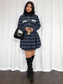 Firerie Plus Size Women's Elegant Commuter Workwear Sophisticated High-End Afternoon Tea Slightly Sexy Date Music Concert Collegiate Vintage Black & White Plaid Print Long Sleeve Jacket & Pleated Mini Skirt, Back To School Outfit Flannel Wednesday Addams In Fall/Winter Skirt And Jacket Set 2 Piece Sets Ladies Plaid Two Piece Set Blazer Skirt Set Tweed Two Piece Set Shirt And Skirt Set - Blue and White - View 8