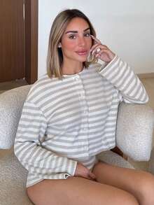 Mélanie ORL Women's Striped Casual Button Front Top And Shorts 2 Pieces Set,Fall Clothes For Women - Apricot - View 3