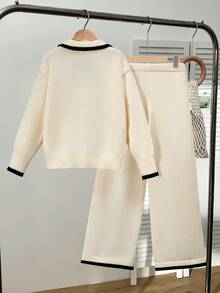 Tween Girl Elegant Polo Collar V-Neck Contrast Trim Loose Straight Sleeve Sweater And Casual Flared Wide Leg Knit Pants 2 Piece Set, Suitable For Autumn/Winter, Daily Wear, Party, Vacation - Apricot - View 2