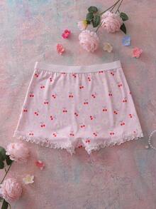 粉色浪漫花卉蕾丝拼接荷叶边高弹力碎花樱桃雏菊印花女士平角内裤，适合派对、音乐节、度假等场合。 - 粉色 - 查看 7