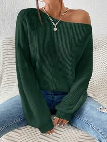 SHEIN Essnce Casual Solid Color Asymmetrical Collar Sweater, Spring/Autumn,Long Sleeve Tops,Off The Shoulder Sweater - Dark Green - View 2