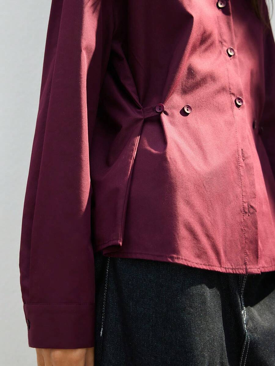 Maija 女士纯色束腰衬衫，时尚通勤红色衬衫，圣诞节女士新年女士酒红色衬衫 - 中紫紅色 - 查看 1