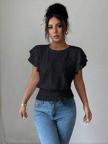 Elenzga Women's Ruffle Sleeve Casual Vacation Jacquard Round Neck T-Shirt - Black - View 7