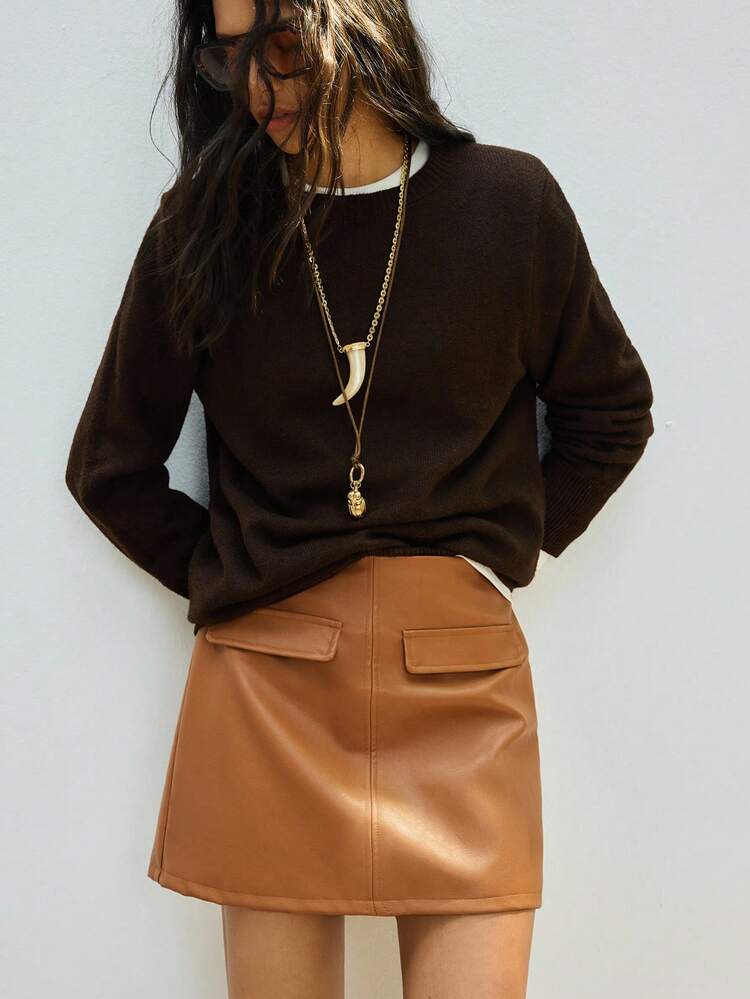 SHEIN Maija Women's High Waist A-Line Skirt, Fashion Commuter Style, Minimalist Design, Suitable For Urban Commute, Business, Casual, Thanksgiving, Christmas, New Year Party, Wedding Guest Attire Brown Skirt