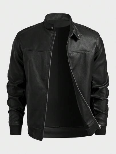 EASEVO Chaqueta de cuero casual y versátil de manga larga con cremallera y unicolor para hombres de talla grande