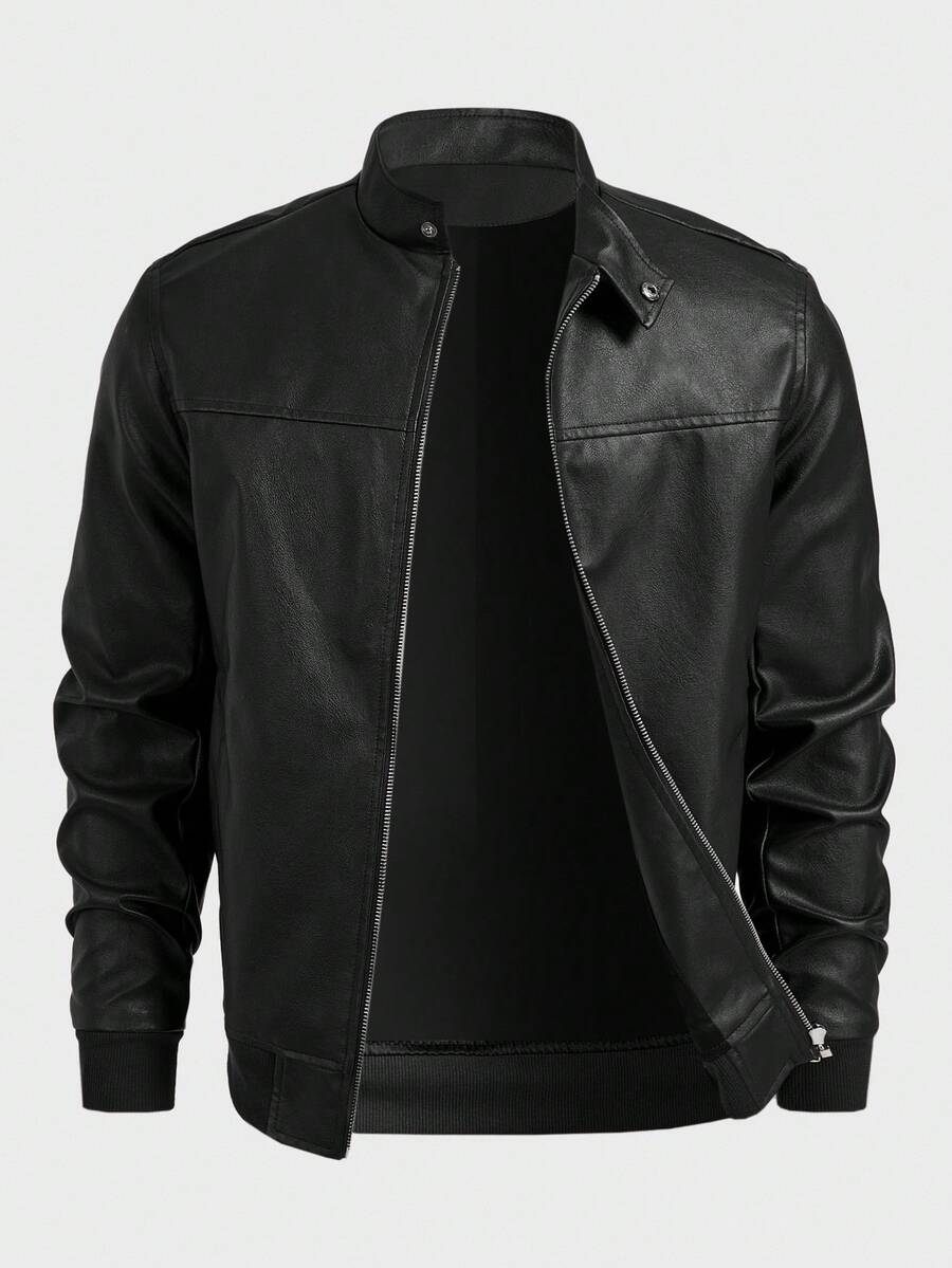 EASEVO 加大码男士纯色拉链休闲百搭长袖皮夹克