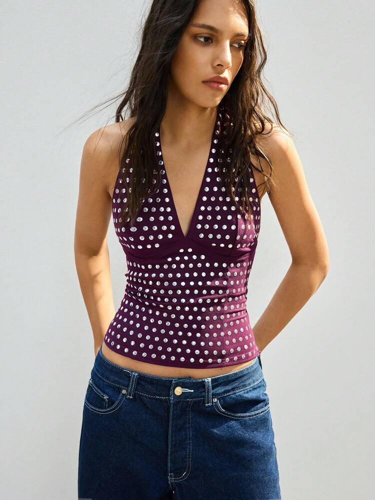 SHEIN Maija Women's Polka Dot Halter Neck Top, Suitable For Urban Commute, Office, Business Casual, Party, Dating, Elegant Summer Top