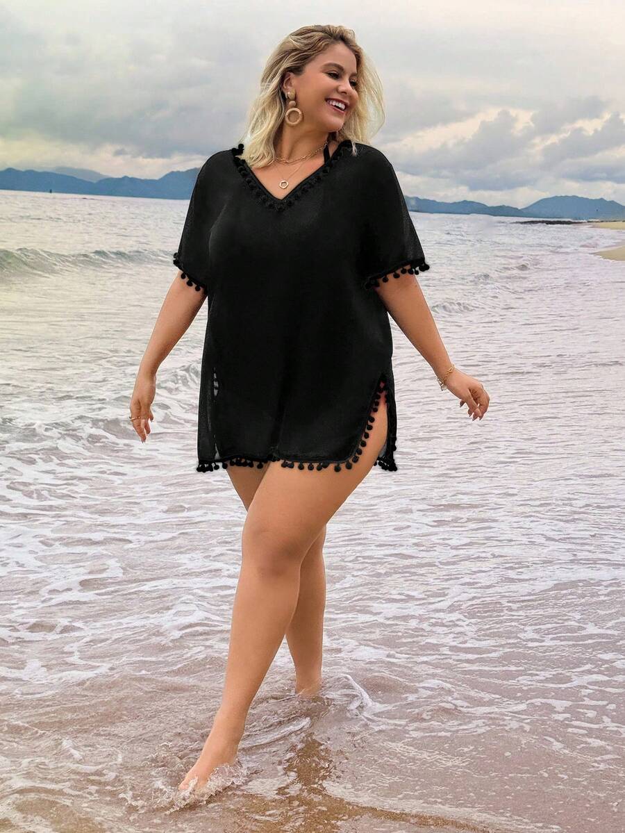 Swim Lushoire Plus Size Women Solid Color Pom Pom V-Neck Short Sleeve Coverup Summer 2026 Christmas New Year Party Beach Casual - Black - View 1