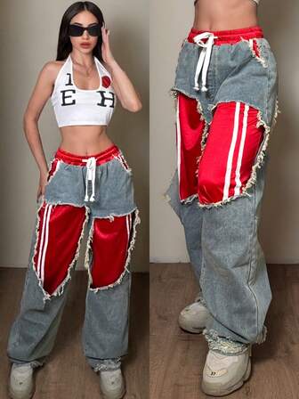 Jeanoix 女士时尚撞色二合一牛仔裤