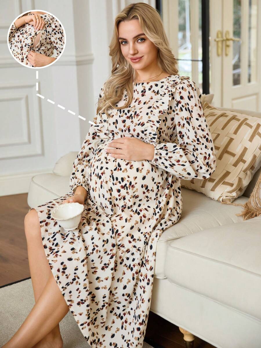 SHEIN Fashionable Casual All-Over Print Frill Trim Nursing Dress - Khaki - View 1