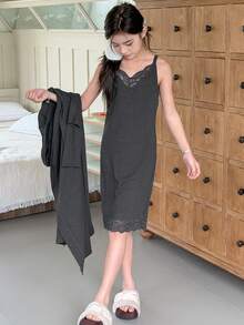 DAZY 少女蕾丝拼接吊带睡裙睡袍套装，秋季款 - 灰色 - 查看 1
