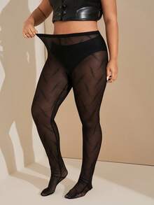 SHEIN Tall CURVE Plus Size Women Elastic Waist Striped Mesh Leggings,Black,Summer,70's,Party,Rave Hosiery Curve Patterned Tights Halloween Co Ords For Tall Individual - Black - View 3
