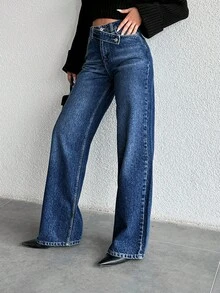 SHEIN PETITE Petite High Waist Asymmetric Belt Wideleg Jean - Dark Wash - View 6