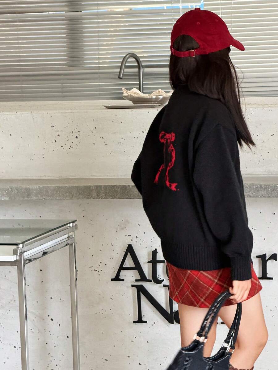 DAZY Tween Girls Round Neck Casual Bow Knit Sweater, Korean Style, Autumn/Winter - Black - View 1