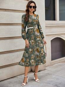 SHEIN Clasi 复古花卉印花圆领长袖休闲连衣裙，适合春夏季 - 綠色 - 查看 4