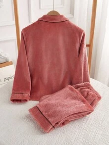 Girls Pajamas, Lotus Root Pink, New Minimalist Fashion Heart Embroidery Long Sleeve & Long Pants 2 Pieces Sleepwear Set Backto SchoolFashion Soft Pajama Set Fall Winter - Coral Pink - View 2