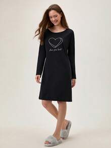 Loomlin Women Cotton Contrast Colour Heart&Lettered Round Neck Printed Long Sleeve Pajama Dress Long Sleeve Nightgown Sleep Wear Women